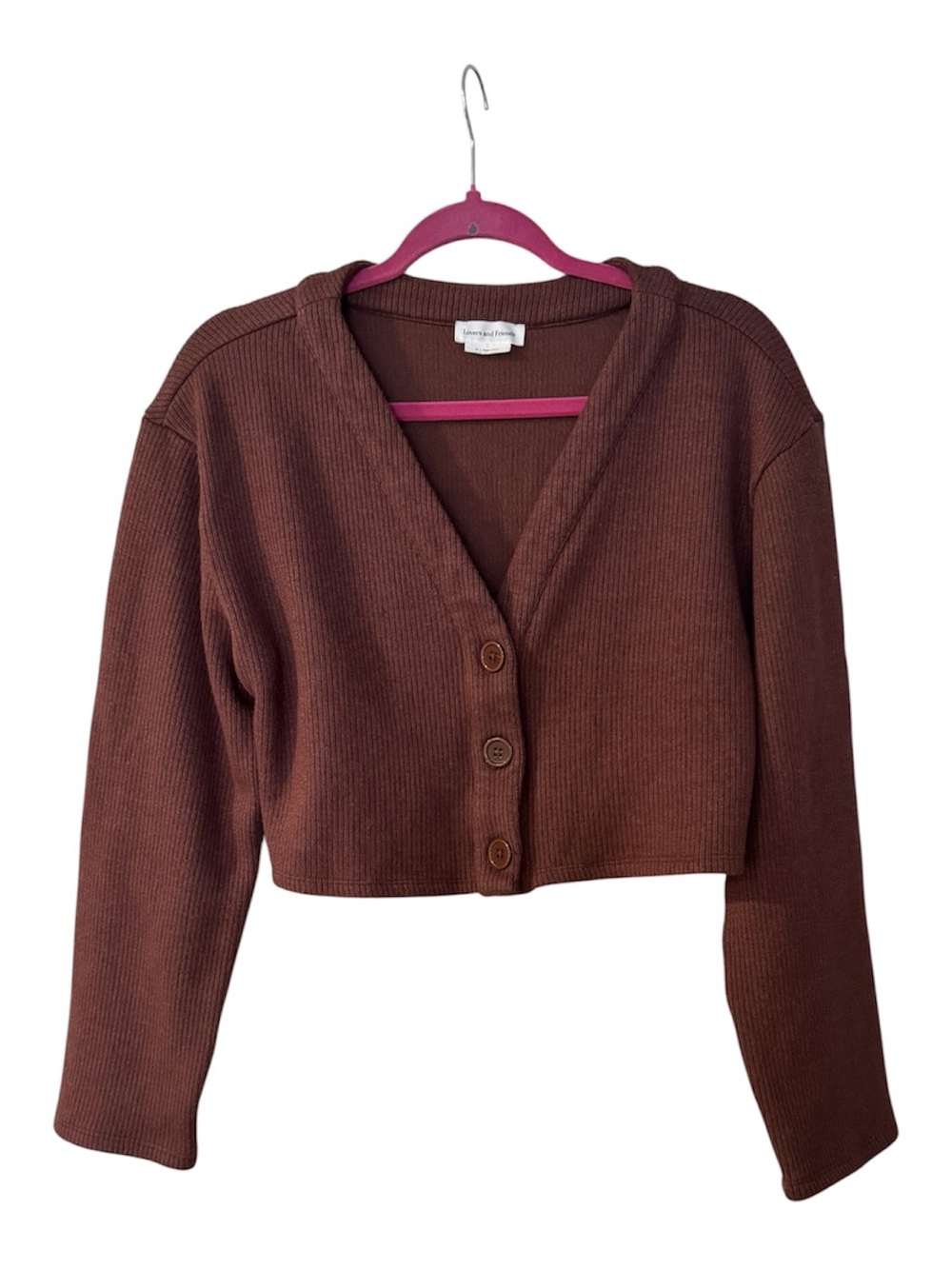 Lovers + Friends Revolve Cropped Ribbed Cardigan Brown V-Neck Size Medium - Picture 2 of 6